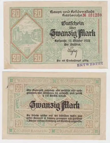20 Mark Banknote Notgeld Stadt Karlsruhe 16.10.1918 (140016)