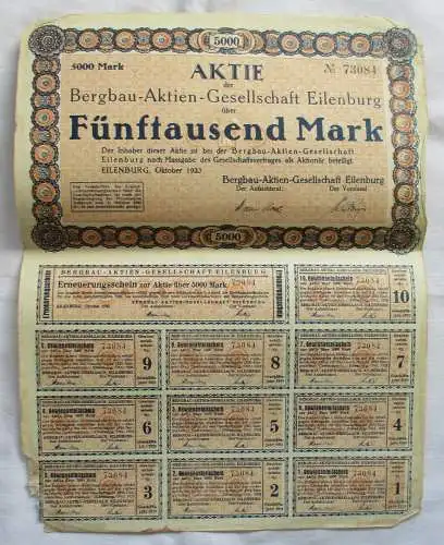 5.000 Mark Aktie Bergbau-Aktien-Gesellschaft Eilenburg Oktober 1923 (146837)