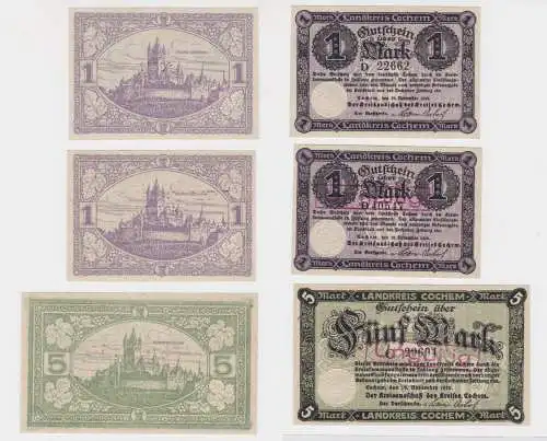 2x 1 und 5 Mark Banknoten Notgeld Landkreis Cochem 19.11.1918 (137203)
