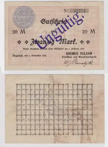 20 Mark Banknote Notgeld Bremer Vulkan Werft Vegesack 01.11.1918 (135477)