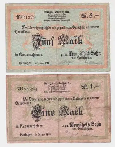 1 & 5 Mark Banknoten Notgeld Hattingen Henschel & Sohn Januar 1917 (133648)