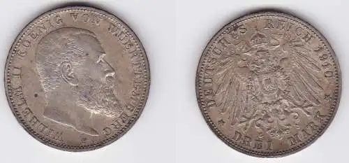 3 Mark Silbermünze Württemberg König Wilhelm II 1910 Jäger 175 (122718)