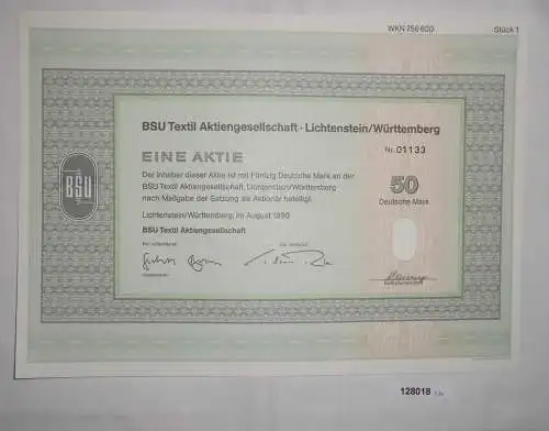 50 Dt. Mark Aktie BSU Textil AG Lichtenstein / Württemberg August 1990 (128018)