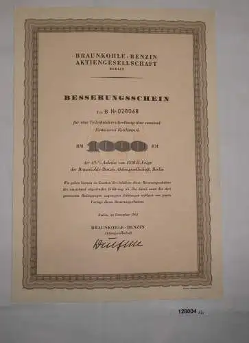 1000 Mark Aktie Braunkohlen Benzin AG Berlin Dezember 1963 (128004)