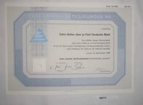 5 Mark Zehn Aktien East Capital Beteiligungen AG Lorsch September 1996 (128173)