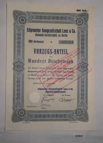 100 Mark Aktie Aktiengesellschaft für Baugesellschaft Lenz Berlin 1935 (127917)