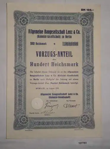100 Mark Aktie Aktiengesellschaft für Baugesellschaft Lenz Berlin 1935 (127751)