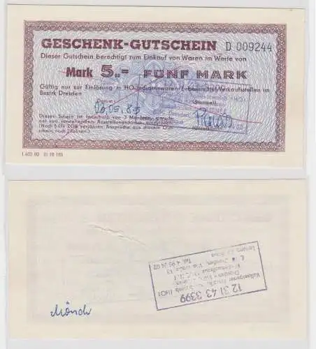 5 Mark Banknote Geschenk-Gutschein HO Bezirk Dresden 03.05.1985 (151913)
