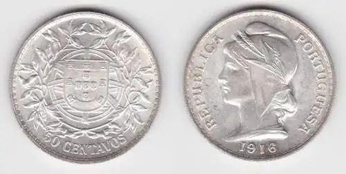 50 Centavos Silber Münze Portugal 1916 f.Stgl. KM 561 (143012)