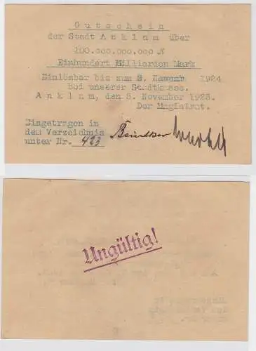 100 Milliarden Mark Banknote Stadt Anklam 5.11.1923 (122271)