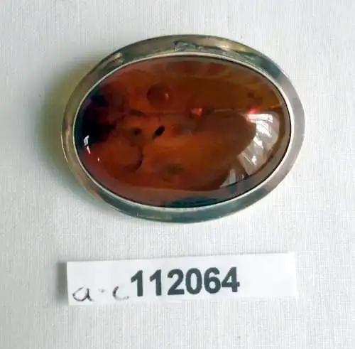 dekorative Brosche 835er Silber mit großem Bernstein um 1930 (112064)