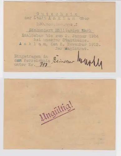 100 Milliarden Mark Banknote Stadt Anklam 5.11.1923 (122416)