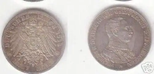 3 Mark Silber Münze Preußen Wilhelm II in Uniform 1914