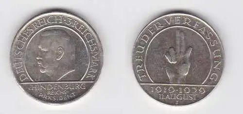 Silber Münze 3 Mark Verfassung "Schwurhand" 1929 J (131197)