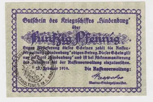 Kriegsmarine 50 Pfennig Gutschein Kriegsschiff Hindenburg 1919 (132531)