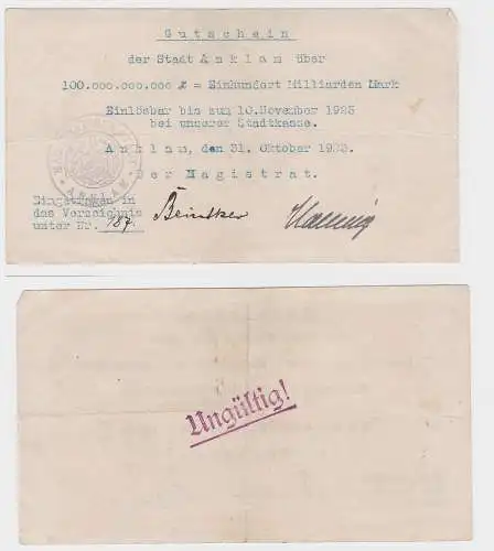100 Milliarden Mark Banknote Stadt Anklam 31.10.1923 (121016)