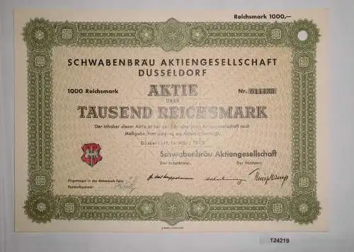 1000 Reichsmark Aktie AG Schwabenbräu Düsseldorf März 1942 (124219)
