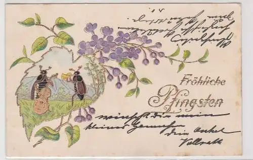 13336 geprägte Ak Fröhliche Pfingsten musizierende Maikäfer im Blatt 1903