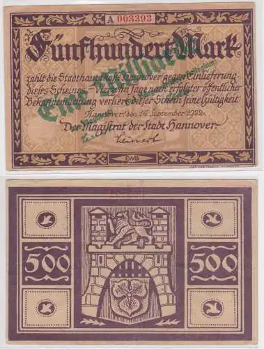 1 Milliarde Mark Banknote Stadt Hannover 1923 auf 500 Mark 14.9.1922 (156494)