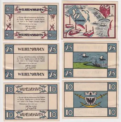 3 Banknoten Notgeld Stadt Wilhelmshaven 10, 20 & 50 Pfennig (168990)