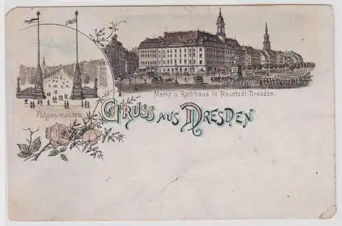 900112 Lithographie Ak Gruss aus Dresden - Fahnenmasten, Markt und Rathaus 