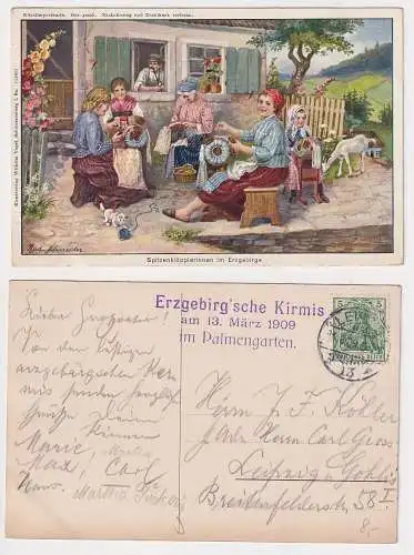 90308 Künstler AK Spitzenklöpplerinnen im Erzgebirge Kirmis Palmengarten 1909