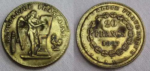 Frankreich 20 Francs 1887 AR Dritte Republik Eisen vergoldet (100750)