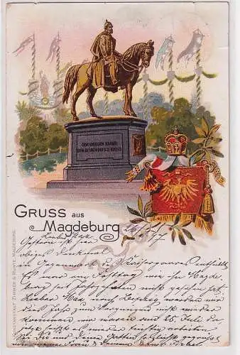 53997 Ak Lithographie Gruß aus Magdeburg Kaiser Wilhelm Denkmal 1897