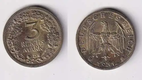 3 Mark Silber Münze Weimarer Republik Kursmünze 1931 D Jäger 349 f.vz (147638)