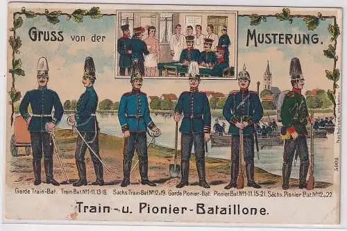 907307 AK Gruss von der Musterung Train- und Pionier-Bataillon Grossenhain 1913