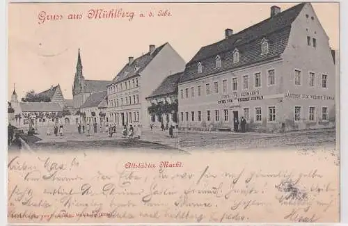 56975 Ak Gruß aus Mühlberg an der Elbe Altstädter Markt mit Gasthof 1902