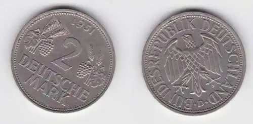 2 Mark Nickel Münze BRD Trauben und Ähren 1951 D ss+ (150361)