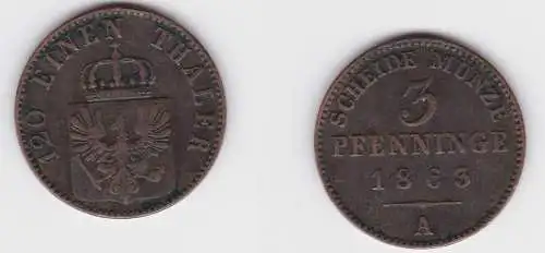 3 Pfennige Bronze Münze Preussen 1863 A ss (150182)
