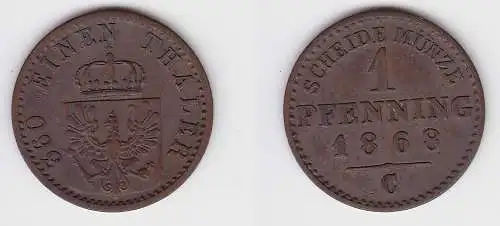 1 Pfennig Bronze Münze Preussen 1868 C f.vz (150032)