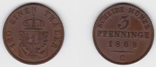 3 Pfennige Kupfer Münze Preussen 1868 C  f.vz (150052)