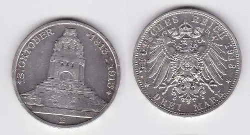 3 Mark Silber Münze Sachsen Völkerschlachtdenkmal Leipzig 1913 ss+ (150614)