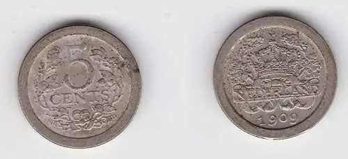 5 Cent Kupfer Nickel Münze Niederlande 1909 ss+ (139239)