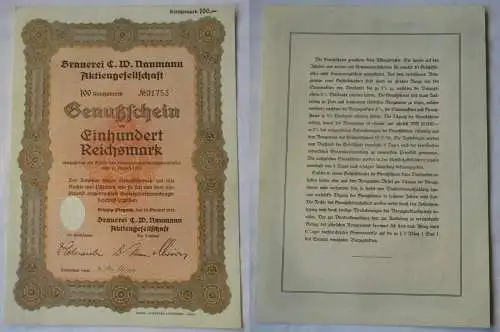 100 RM Genußschein Brauerei C.W. Naumann AG Leipzig-Plagwitz 18.10.1933 (141154)