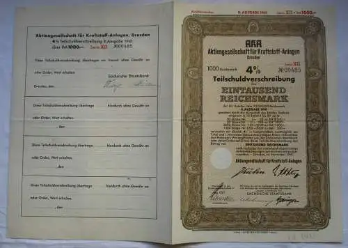 1000 Mark Aktie AKA AG für Kraftstoff-Anlagen Dresden November 1941 (120989)