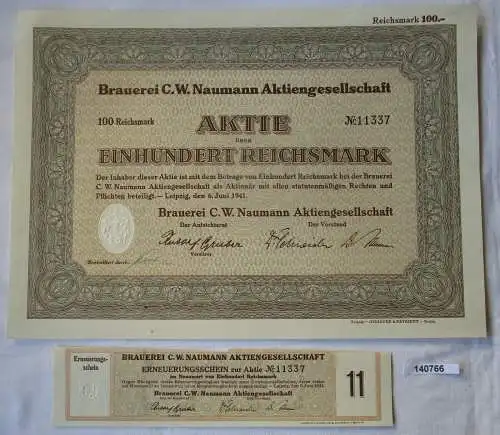 100 Reichsmark Aktie Brauerei C.W. Naumann AG Leipzig 6.Juni 1941 (140766)