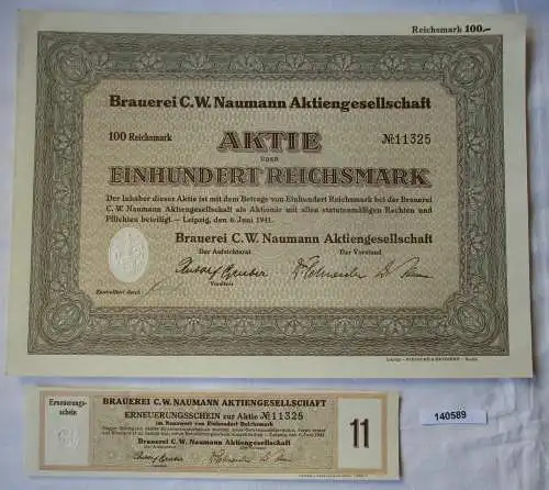 100 Reichsmark Aktie Brauerei C.W. Naumann AG Leipzig 6.Juni 1941 (140589)