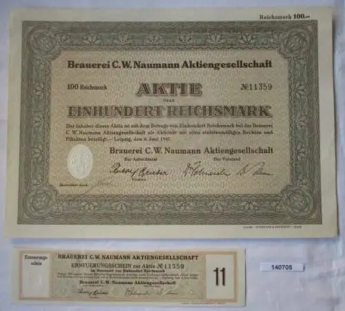 100 Reichsmark Aktie Brauerei C.W. Naumann AG Leipzig 6.Juni 1941 (140705)