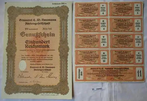 100 RM Genußschein Brauerei C.W. Naumann AG Leipzig-Plagwitz 18.10.1933 (140452)