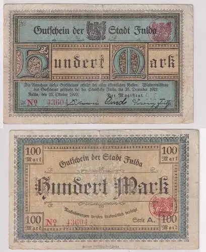 100 Mark Banknote Stadtkasse in Fulda 25.Oktober 1922 (127848)