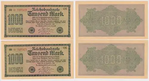 2 x 1000 Mark Banknote Berlin 1923 Ro. 73 fortlaufende Seriennummer (105547)