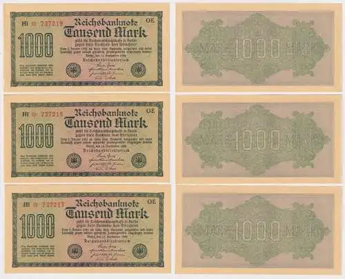 3 x 1000 Mark Banknote Berlin 1923 Ro. 73 fortlaufende Seriennummer (104507)