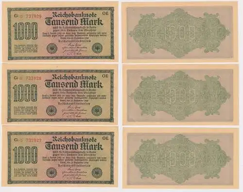 3 x 1000 Mark Banknote Berlin 1923 Ro. 73 fortlaufende Seriennummer (109519)