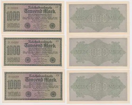 3 x 1000 Mark Banknote Berlin 1923 Ro. 73 fortlaufende Seriennummer (107566)
