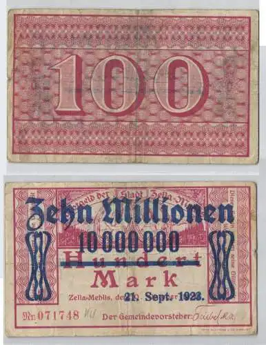 10 Millionen Mark Banknote Stadt Zella Mehlis 21.9.1923 (129228)
