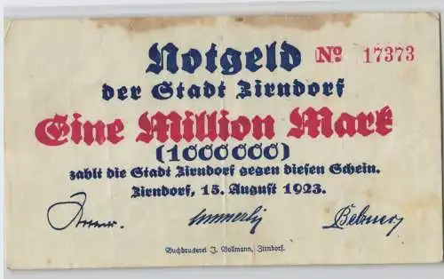 1 Million Mark Banknote Inflation Stadt Zirndorf 15.08.1923 (129617)